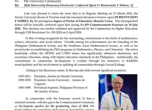 Memo #U2324-071: 2024 University Honorary Doctorate Conferred Upon Fr Bienvenido F Nebres, SJ